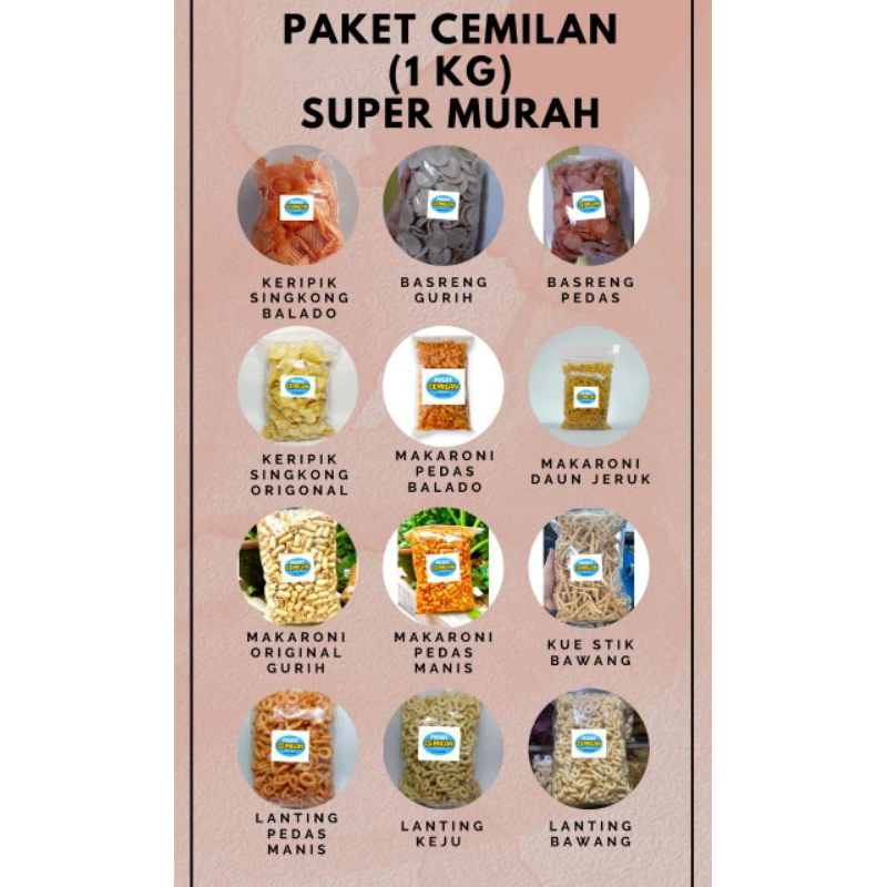 

Paket Camilan Cemilan Super Murah Serba 1000 gram | jajanan murah | Keripik singkong ceriping | lanting kelanting alen-alen | makaroni macaroni | stik bawang | Basreng | premium original asin gurih balado pedas manis keju bawang daun jeruk murah enak.