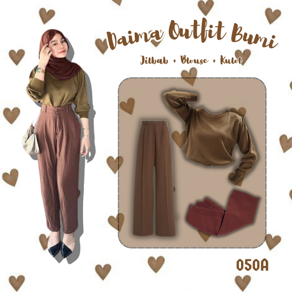 Setelan Outfit Hijab Kekinian 3in1 Pashmina Ceruty + Blouse Wanita Coklat + Celana Kulot 050A