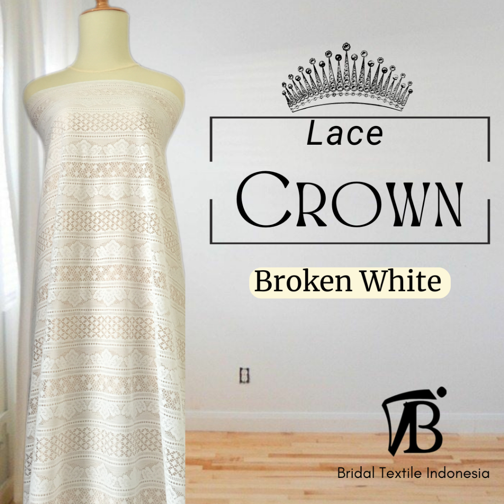 Kain Bahan Brokat Brukat Lace Katun Crown Vintage Shabby Warna Broken White Putih Tulang