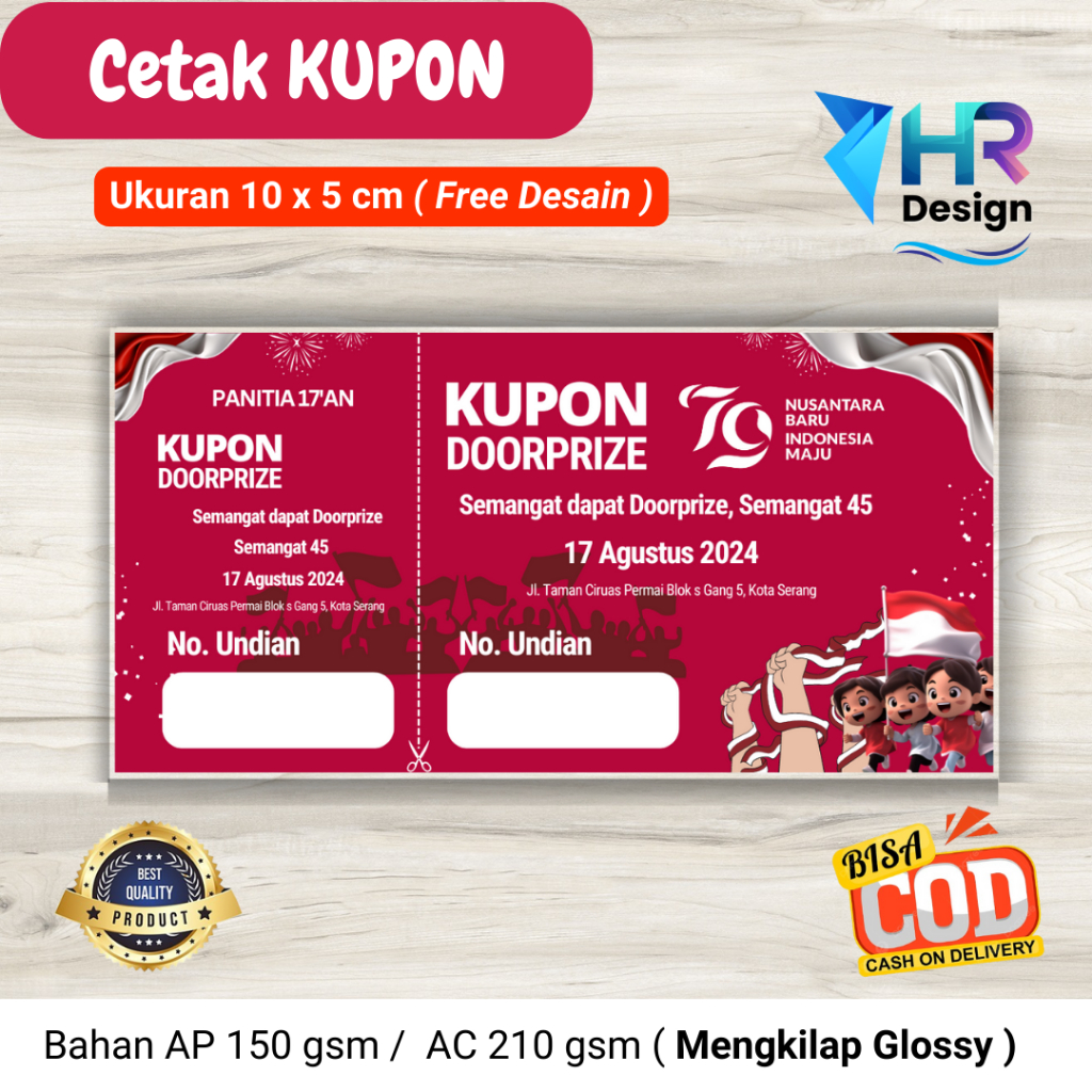 

Cetak Kupon Doorprize Hadiah 17 Agustus Free Desain / Kupon Jalan Sehat / Kupon HUT RI / Kupon Lomba / Kupon Jalan Santai ISI 100 Pcs