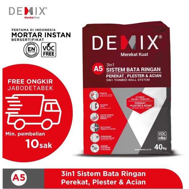 MORTAR Demix A5 - 3in1 Sistem Bata Ringan (Perekat, Plester & Acian)