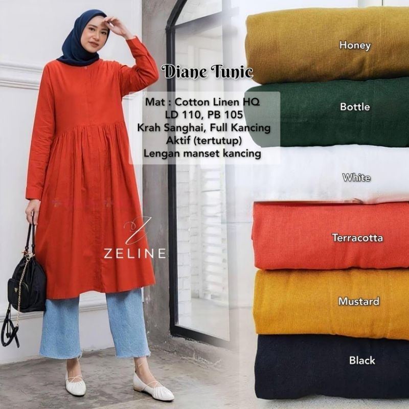 Diane Tunik Korean Style Bahan Linen Premium By Zeline-Tunik Wanita Kekinian By Zeline-Tunik Kancing