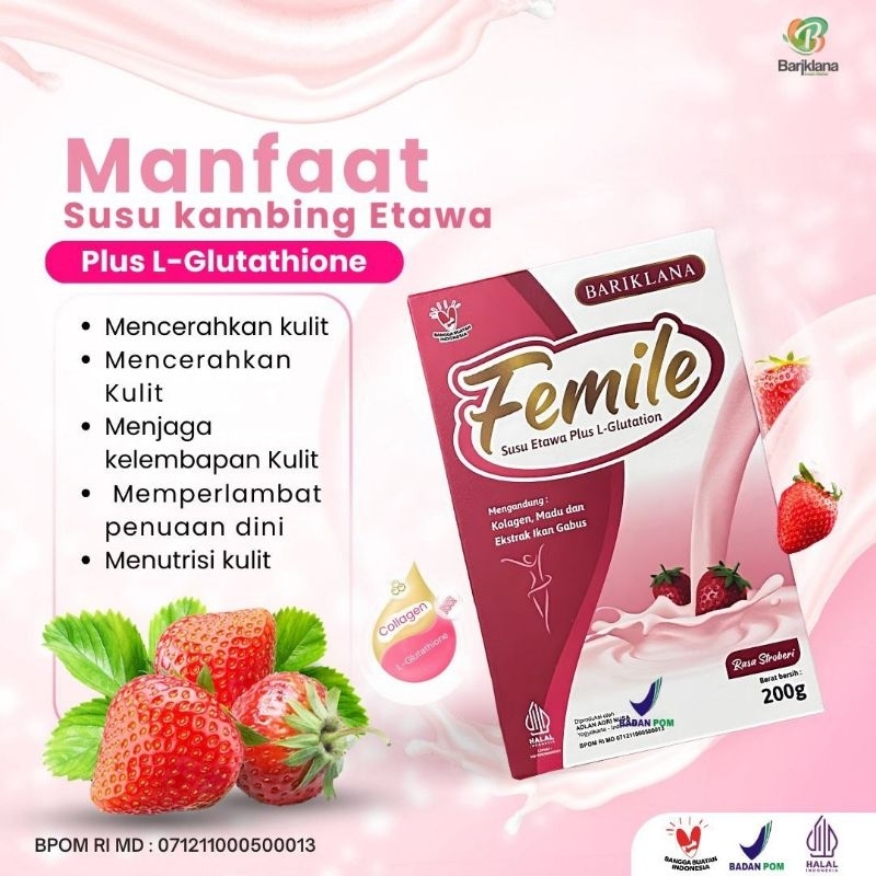 

FEMILE adalah susu khusus yang dirancang untuk mendukung kesehatan dan stamina wanita. Terbuat dari bahan-bahan berkualitas seperti susu etawa, madu, L-glutathione, collagen dan ikan gabus, FEMILE memberikan manfaat kesehatan yang luar biasa