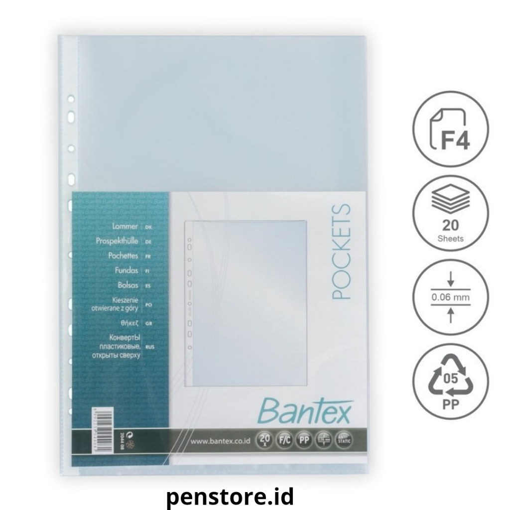 

(Pack = isi 100) PP Pocket BANTEX 8843 Folio Isi 100 - Sheet Protector Clear