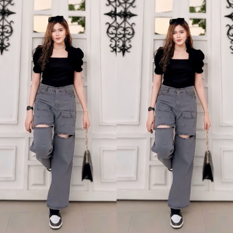 cargo jeans sobek wanita / celana jeans wanita lose