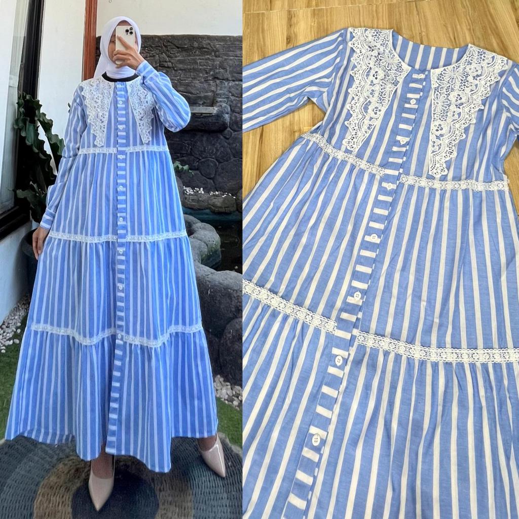 Salvina Dress Katun Premium Aplikasi Kerah Renda Gamis Motif Salur Wanita Terbaru