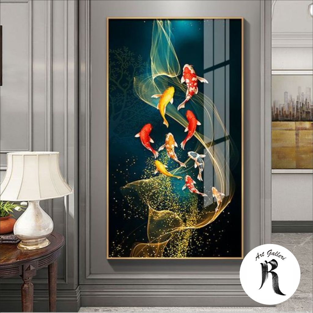 Lukisan ikan koi - lukisan tangan - lukisan koi 9 ekor - lukisan ikan koi plus frame