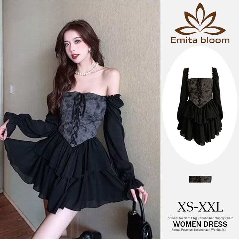 EMITA BLOOM baju mini dress hitam pesta lengan panjang mewah elegan kondangan wanita korea style imp