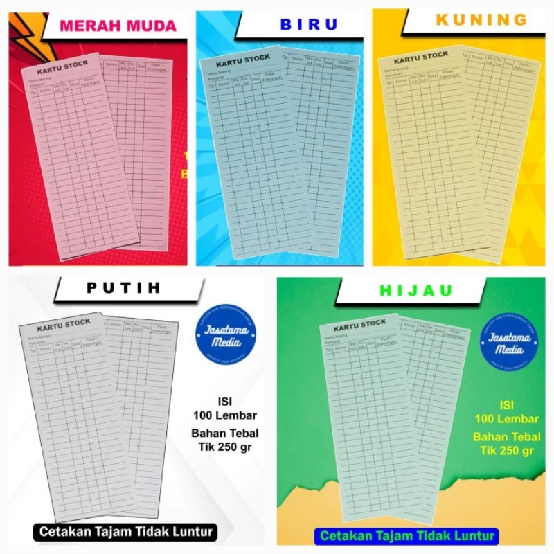 

mh Kartu Stok Barang & Obat. 1 Paket Berisi 100 Lembar Dengan Warna 5 Pilihan.( CRTAKAN BOLAK BALIK)