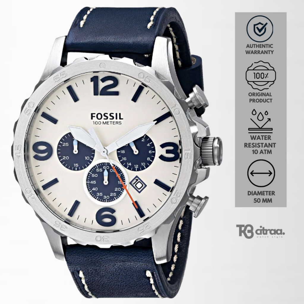 jam tangan fashion pria Fossil men Nate analog strap kulit cowok Chronograph Navy Leather Strap wate