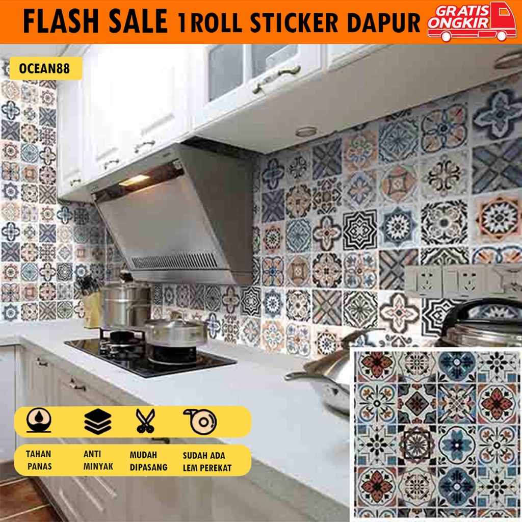 Stiker Dapur PVC Anti Air Anti Minyak Uk 60cm x 3m Motif Keramik Batik Sudah Ada Lem Perekat