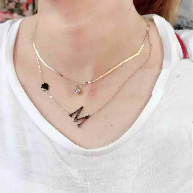 Kalung Titanium  2layer inisial Nama huruf rose gold Wanita / Anti Hitam Anti Karat Dan  Alergi