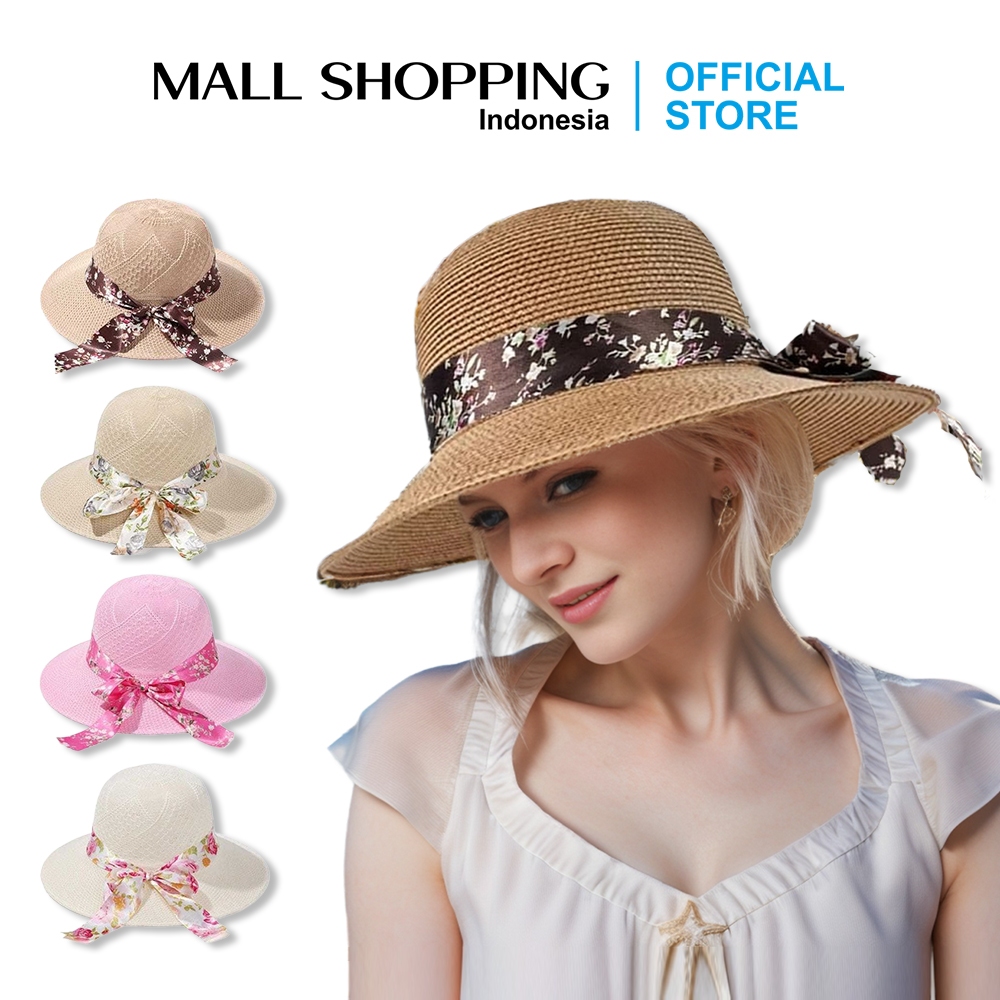 Topi Pantai Bunga Vintage Pita Polkadot Topi Pantai Bulat Rajut Aksesoris Fashion Gaya Korea MALLSHO