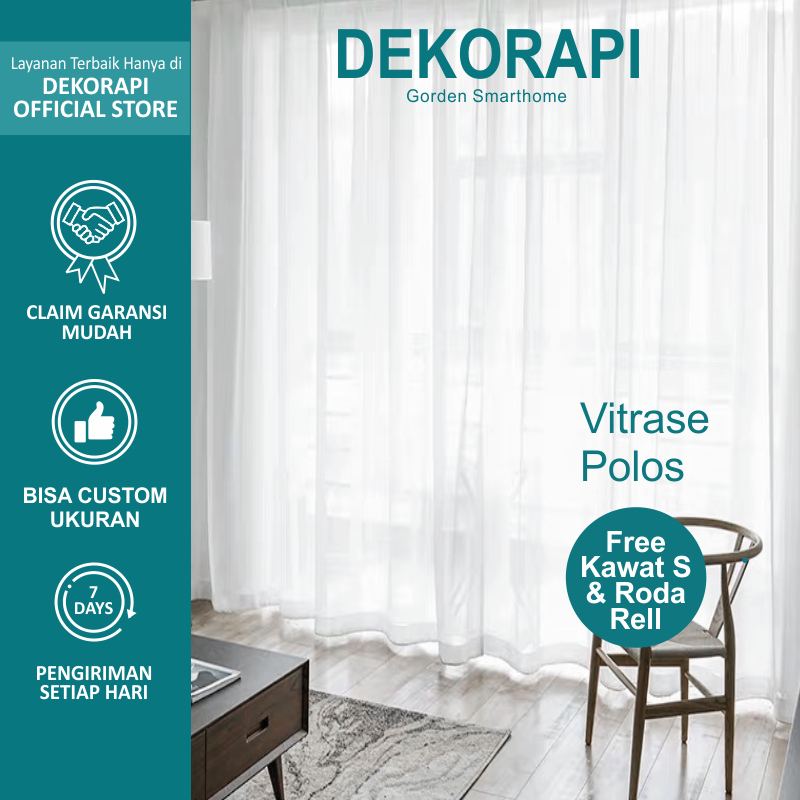 Gorden Vitrase Polos  Import L. 100-250 x T. 100 - 250 cm Hordeng Putih Model Kawat S