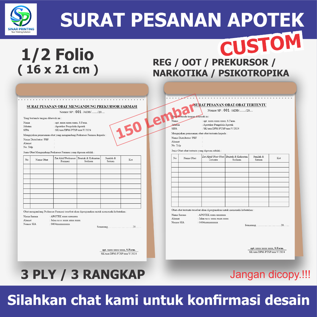

Cetak SP Apotek Custom ukuran 1/2 folio - Free Design - 3 PLY / 3 RANGKAP