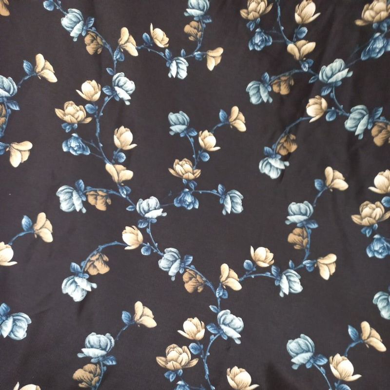 kain woolpeach meteran motif bunga vintage tulip blue halus murah lebar 115cm -50cm