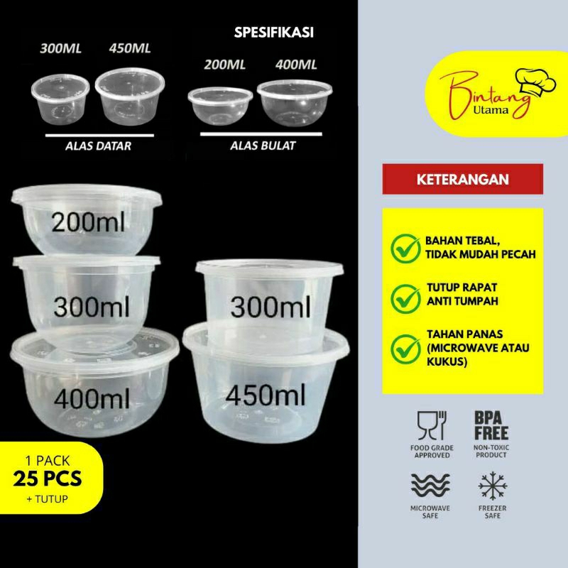 [Isi 25pcs] Thinwall Bowl Bulat / Datar  200ml, 300ml, 400ml, 450ml