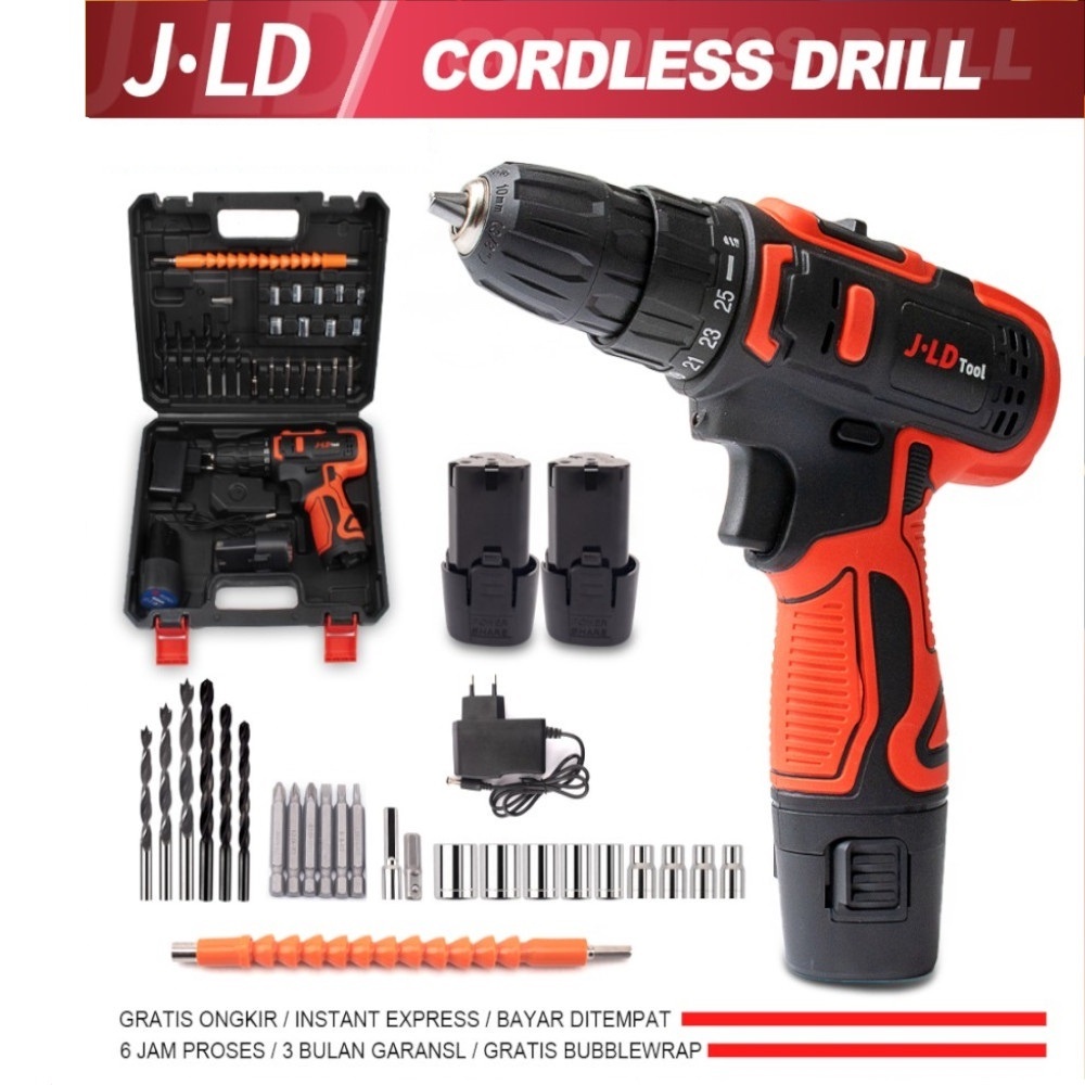 PROMO JJLD Mesin Bor Cordless 12volt 2 Batrai Charger Bor Portable Bor Tangan Murah Set BOX ORIGINAL