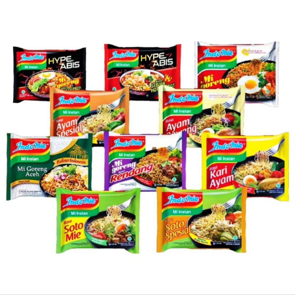 

Indomie all varian (rica-rica / ayam bawang / rendang / soto lamongan / soto spesial / aceh / kari ayam / ayam pop / kebab rendang / ayam geprek / rawon pedas mercon / soto mie / soto banjar kulit limau)