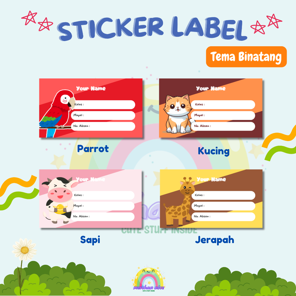 

[ ISI 20 PCS ] STICKER LABEL BUKU ANAK CUSTOM PAUD/TK/RA SD/MI TEMA BINATANG