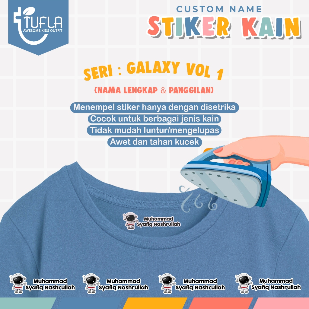 

[ISI 32-88pcs] Stiker Custom Nama Baju Dan Kain Anak Tinggal Setrika Untuk Label Seragam Sekolah Pesantren Asrama Ukuran A4 Karakter GALAXY VOL 1