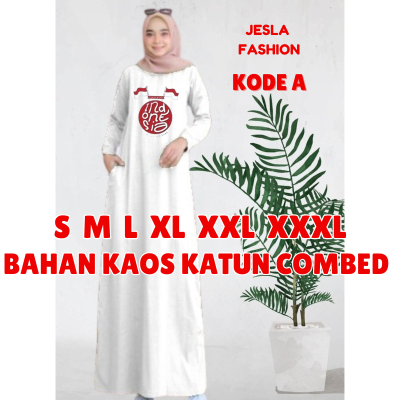 Baju Gamis Wanita Terbaru Merah Putih Dress BO Size S M L XL XXL XXXL LD 90-130 CM Bahan Kaos Katun 
