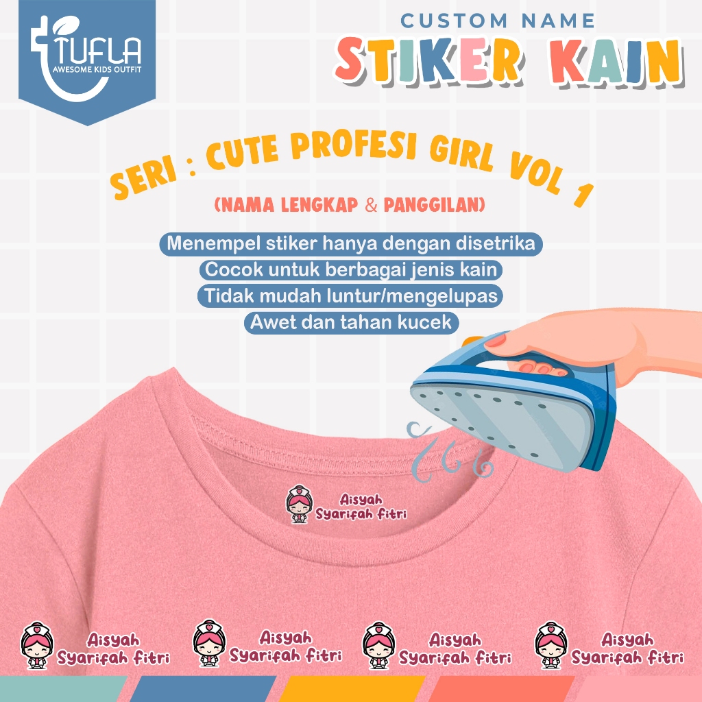 

[ISI 36-86pcs] Stiker Custom Nama Baju Dan Kain Anak Tinggal Setrika Untuk Label Seragam Sekolah Pesantren Asrama Ukuran A4 Karakter CUTE PROFESI GIRL VOL 1