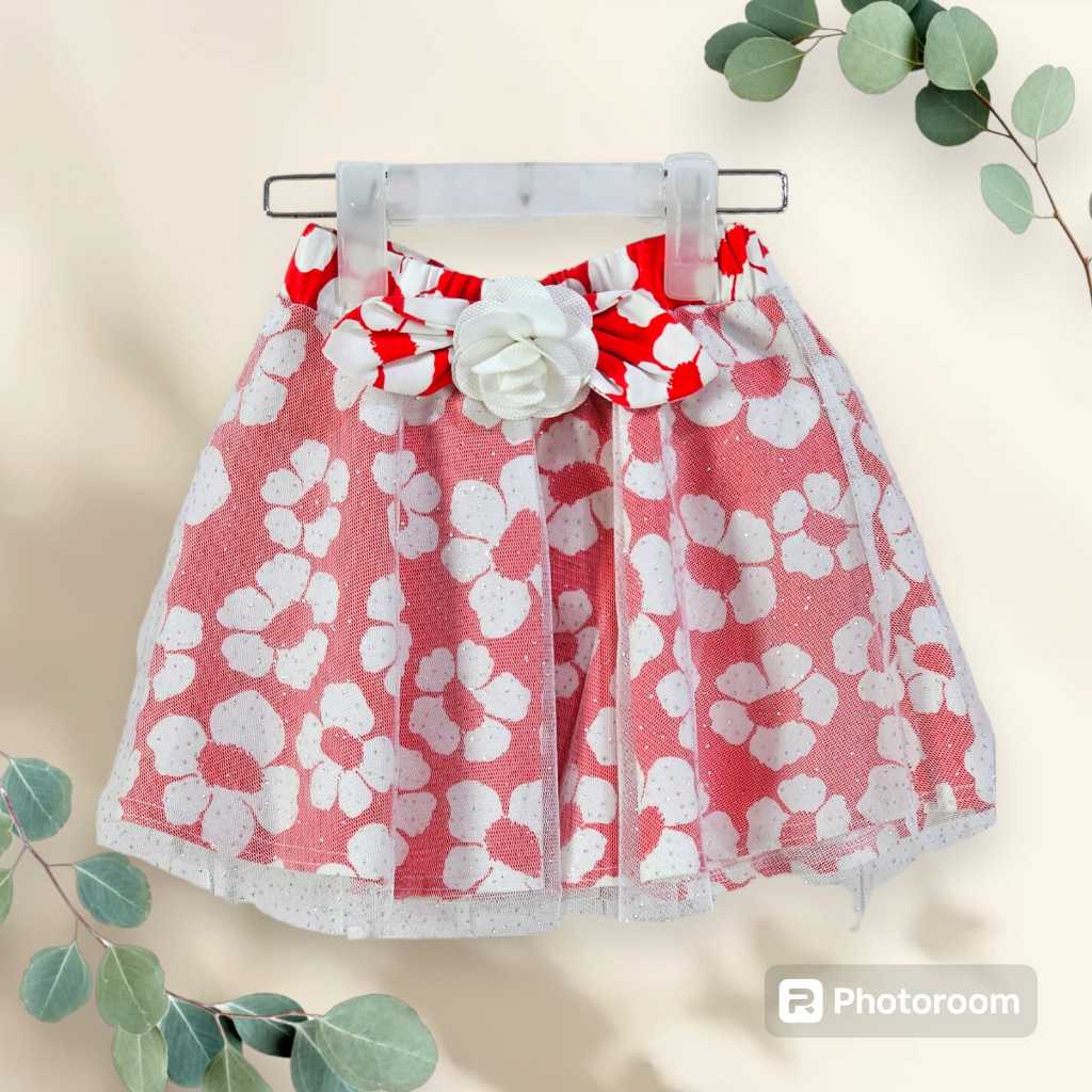 Rok pendek anak warna merah putih motif bunga bahan katun import