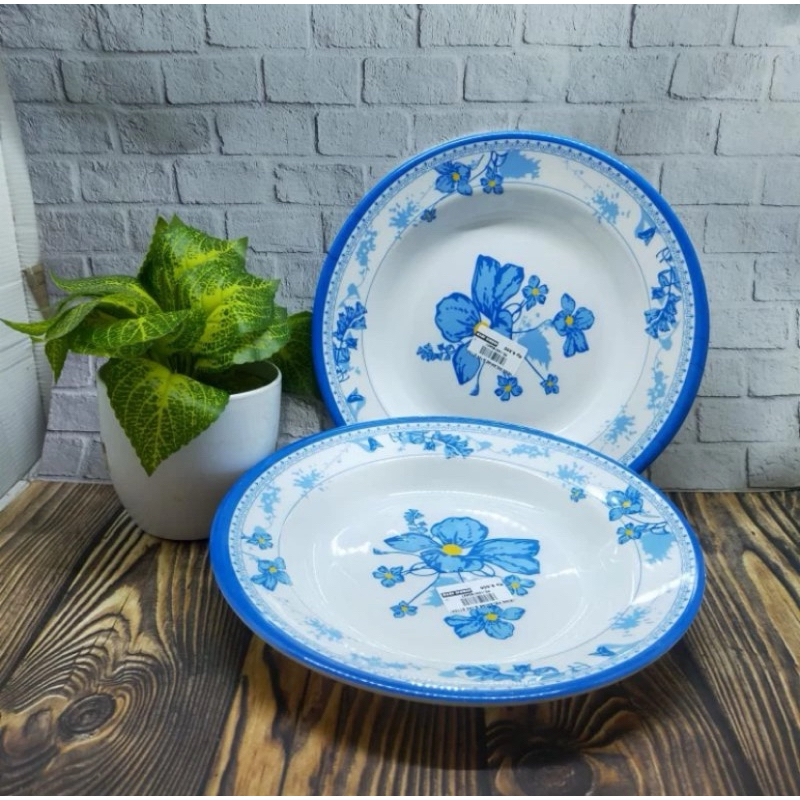 ( 6Pcs / 1Lusin )Piring Melamin Motif Bunga Biru 9inch,Piring Makan Melamine Ceper Motif Cantik