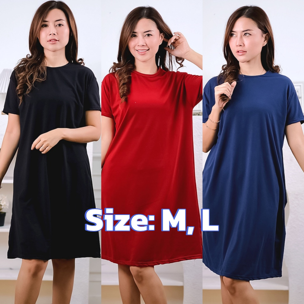 Baju Midi Dress Hitam Merah Maroon Navy Oneck Basic Polos Adem Bahan Spandek Dres Casual Ketat Sexy 