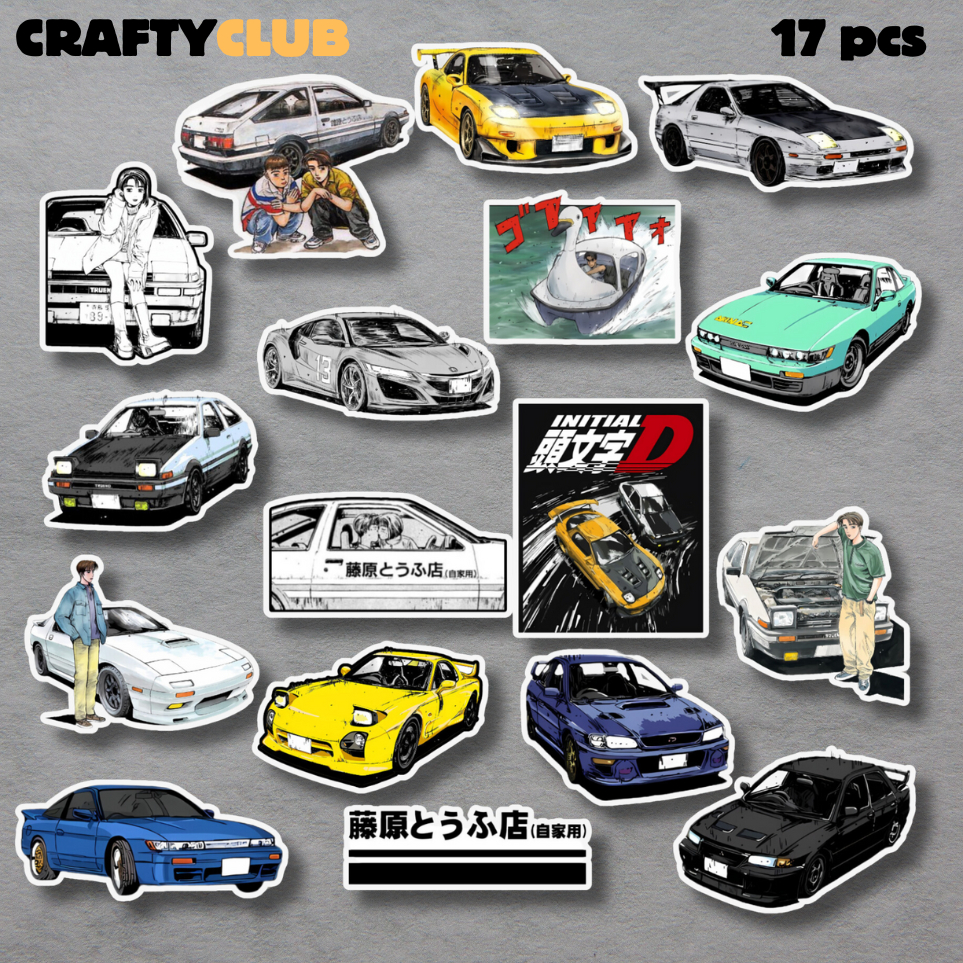 

Initial D Sticker (waterproof) 17 Pcs sport car sticker. Untuk helm, laptop, tumblr