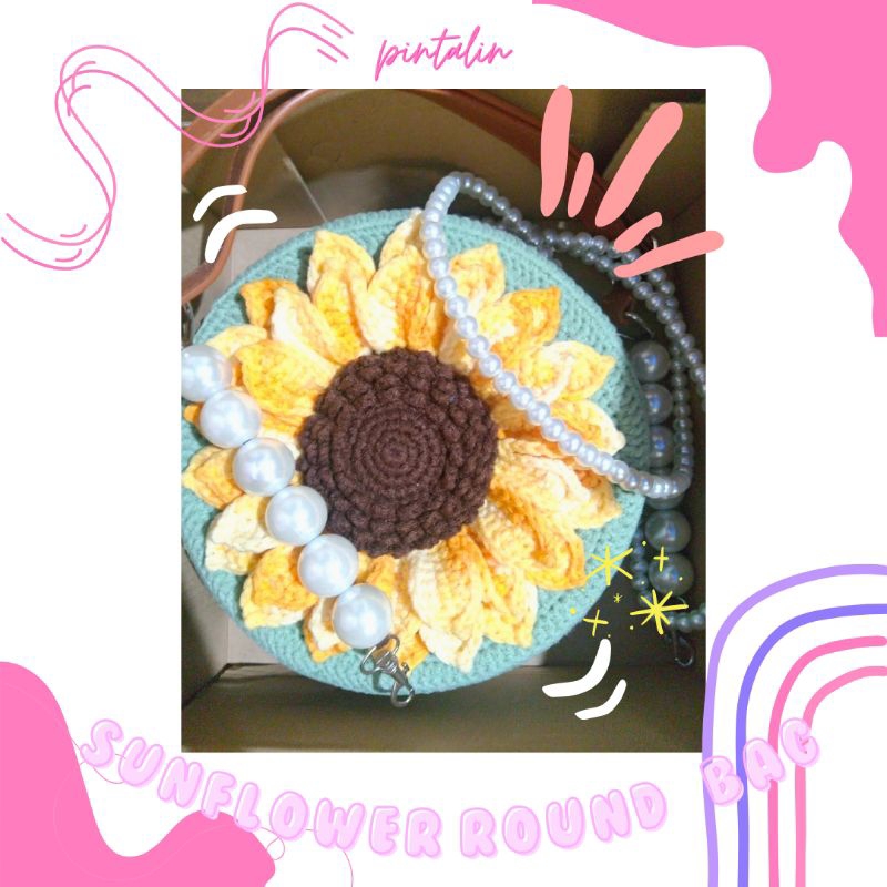 tas rajut bulat bunga matahari
