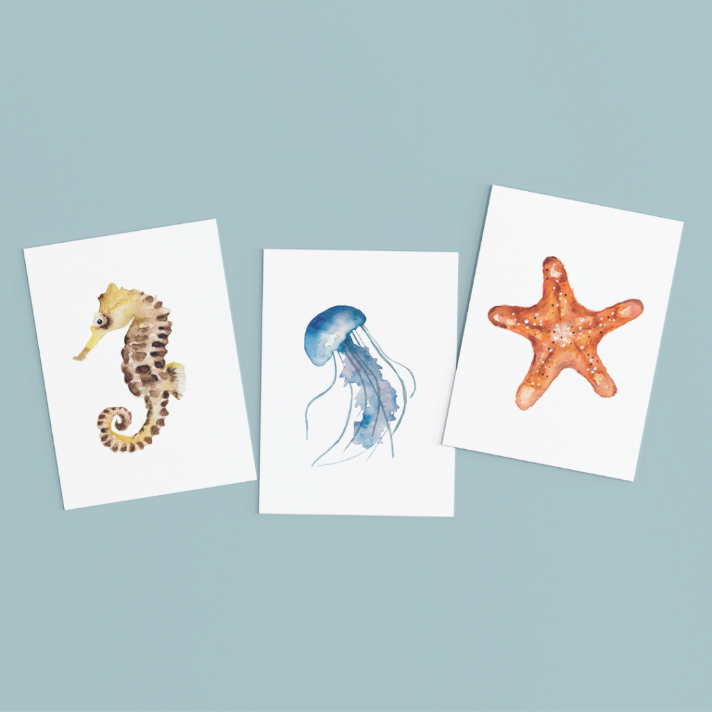 

Postcard / Kartu Pos / Poskad Watercolor reprint Turtle, Fish, Crab, Sea animals/creatures; original