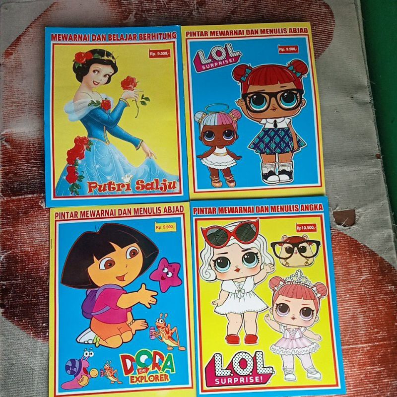 buku mewarnai lol, Dora, putri salju
