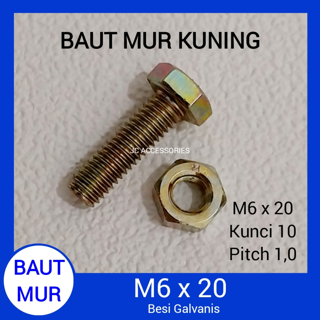 BAUT MUR KUNING M6x20 KUNCI 10 PITCH 1,0 BMK 6X20 BAUD SET MUR M6 x 20 6 X 20 BMH HEXAGON HEXA HEX G