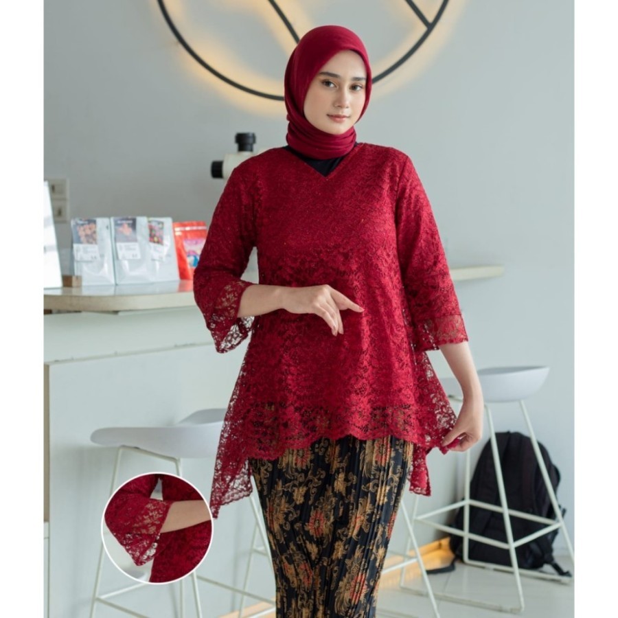 ( HARGA PROMO 8.8 ) ATASAN RINJANI JUMBO BAJU WANITA KEBAYA RINJANI BRUKAT KEBAYA KALONG WARNA MAROO