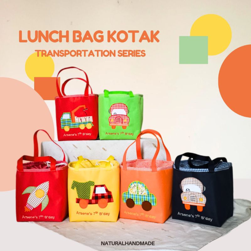Lunch Bag Kotak Souvenir Ultah Anak Laki-Laki Gambar  Kendaraan Mobil, Bus, Truk, Bulldozer, Kereta