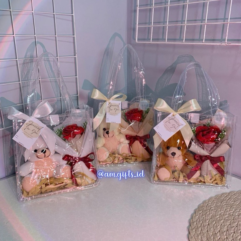 

( PACKAGING DUS ) GIFT BAG BEABOU ISI BONEKA + BUKET MAWAR KADO ULTAH KADO BIRTHDAY