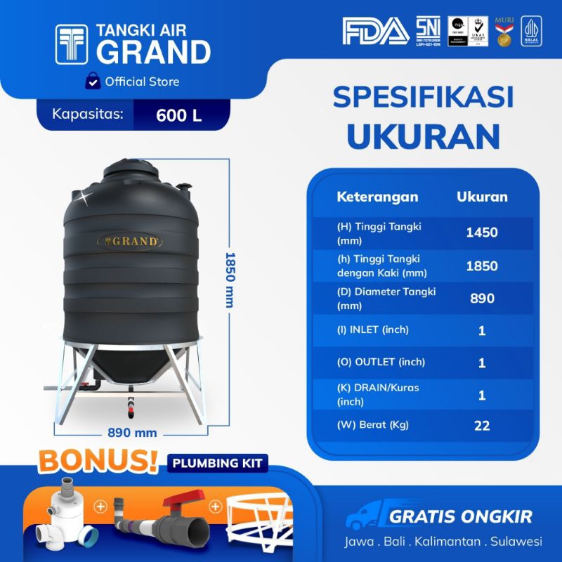 Toren air/Tedmond/Tendon air Grand 600 Liter dengan dudukan besi kokoh
