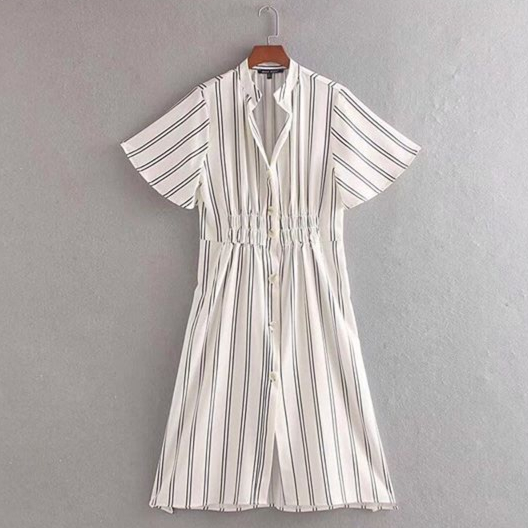 Dress Midi Wanita Motif Stripe Warna Putih Basic Dress Korea Wing Dress