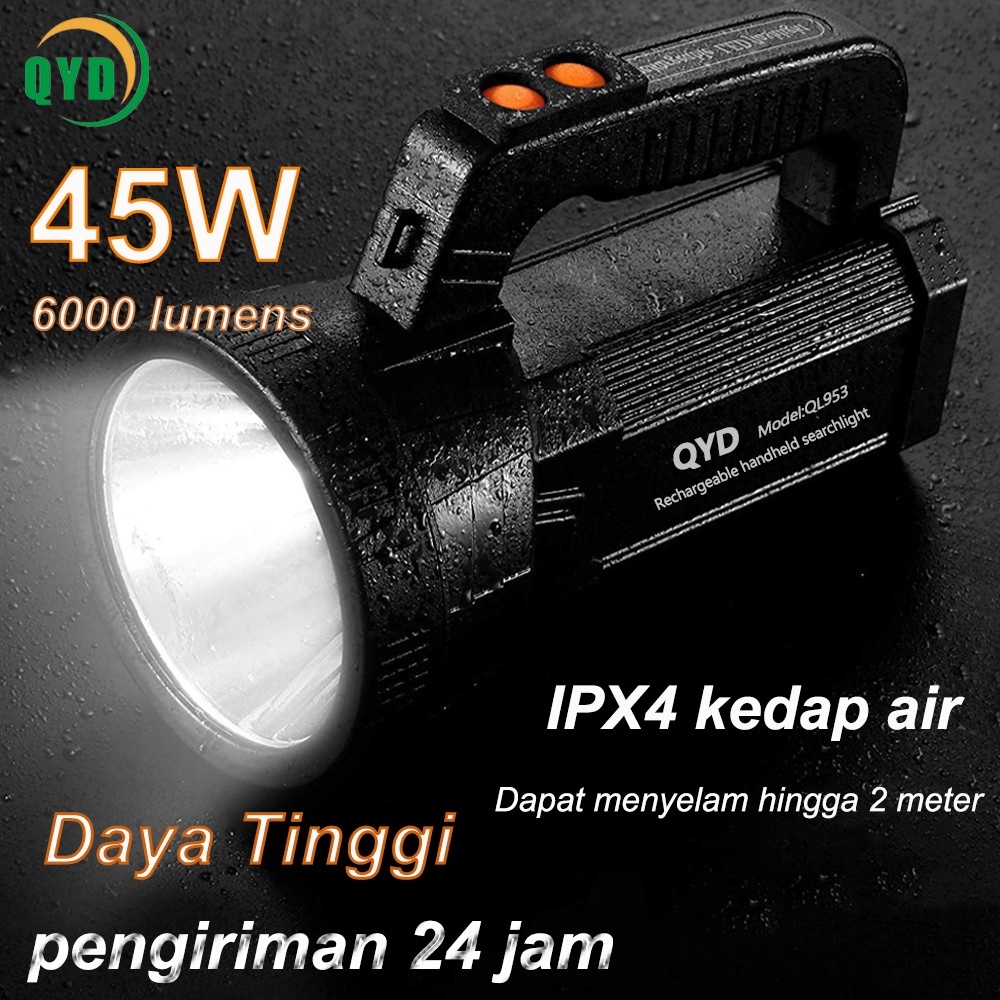 QYD Senter LED Super Terang QL953 45W IPX4 6000 Lumens CAHAYA PUTIH Tahan air Power Bank Multifungsi