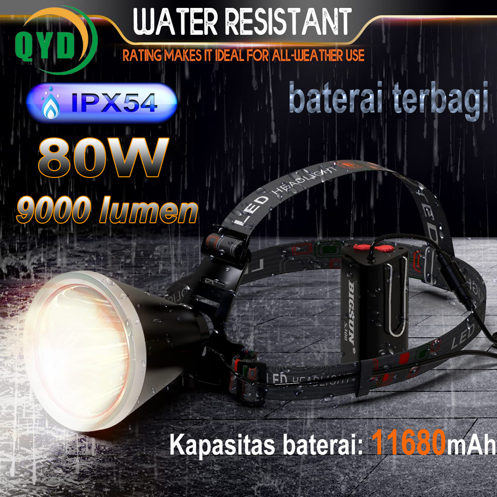 QYD Senter Kepala LED Super Terang Q823 80Watt CAHAYA PUTIH Rechargeable Tahan Air