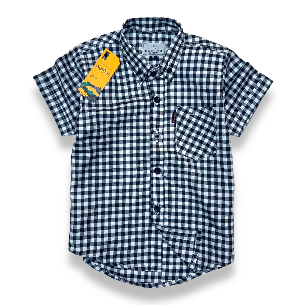 Papino Baju Kemeja Kotak-Kotak Anak Laki-Laki Usia 1-12 Tahun Lengan Pendek Hitam