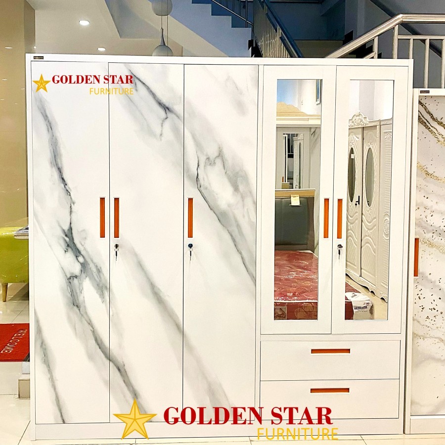 Lemari Pakaian Besi 5 Pintu Golden GS509 Marble Swing JUMBO 2 Meter Besar Rak Lemari baju Besar Anti