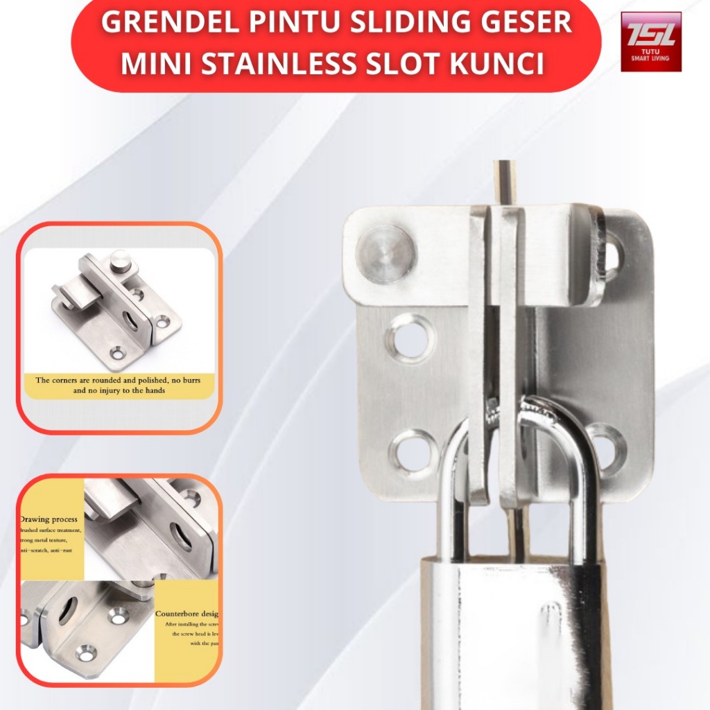 TUTU Grendel Pintu Sliding Geser Mini Stainless Slot Kunci Pintu Tebal Dorong Grendel Kunci Geser Pi