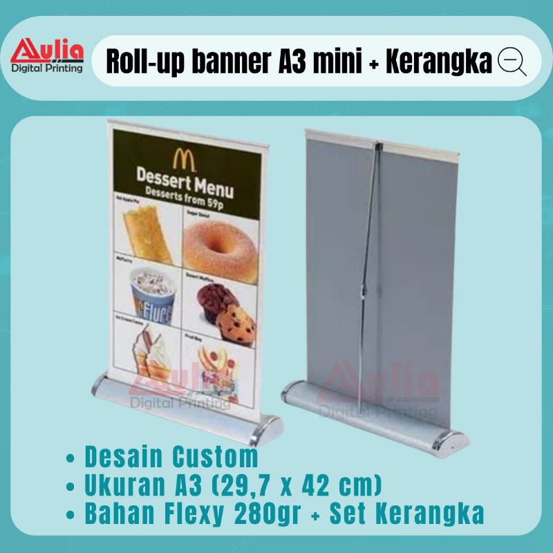 Mini Baner A3 Custom | Roll-up Flexy 280gr Mini | Rollup Flexi Full set Kerangka UK A3 29,7x42 cm / 