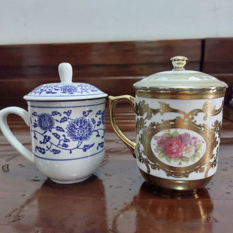 Cangkir mug tutup keramik tebal/glass tutup keramik gold