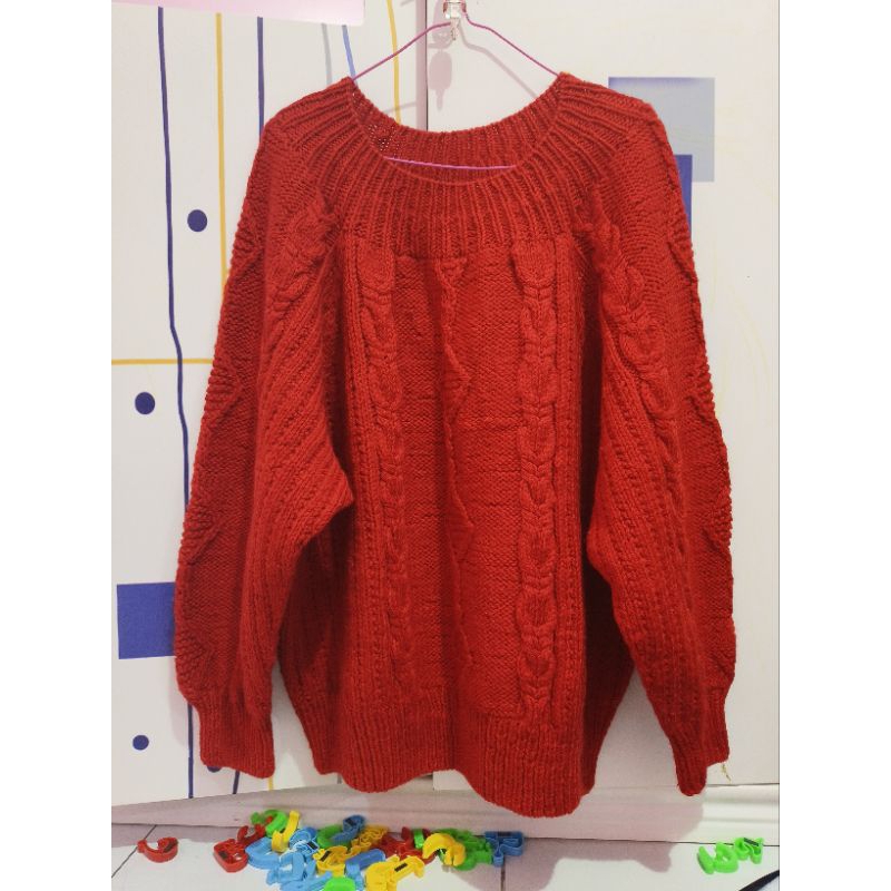 sweater rajut balon, sweater merah balon, sweater kepang, sweater rajut, balon rajut kepang