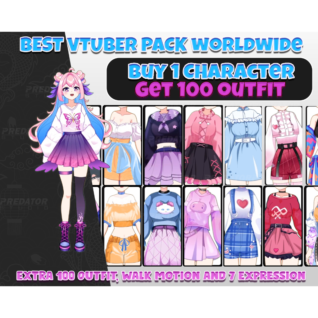Vtuber Live2D Komplit: Karakter dengan 100 Outfit & Animasi Gerakan, Desain Vtuber Live2D, Vtuber Ou