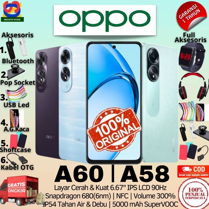 HP BARU OPPO A60 | A58 8/128GB 8/256GB RAM Upto 16GB Camera 50MP GARANSI RESMI 100% ORIGINAL